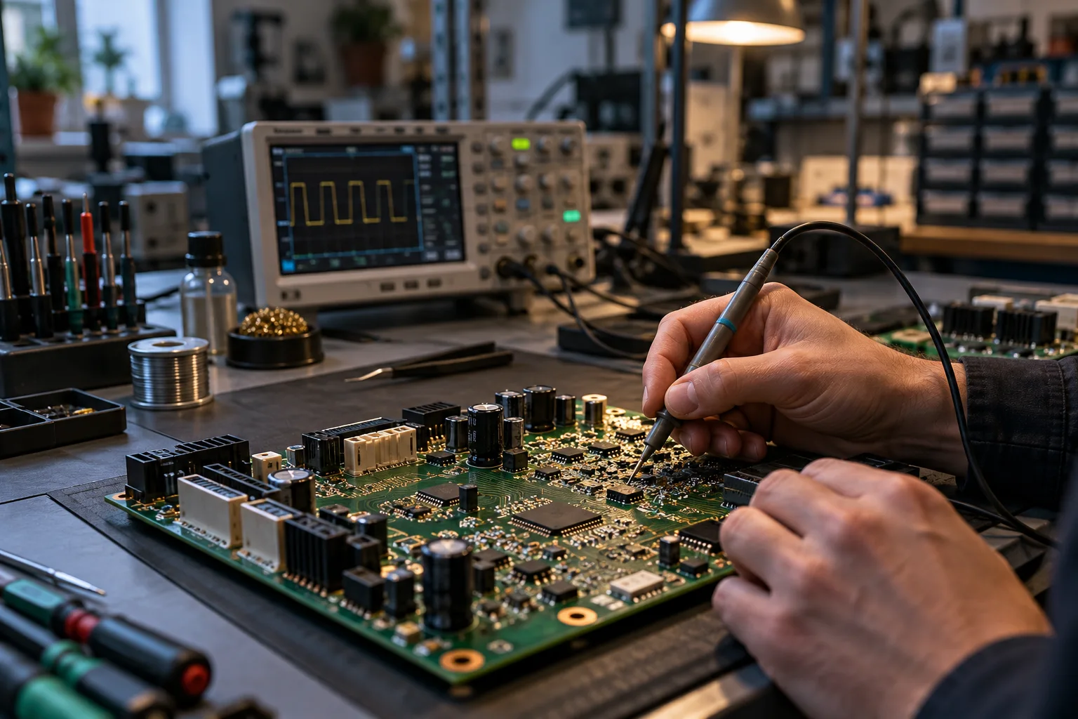 Immagine illustrativa di un tecnico al banco mentre controlla una scheda elettronica.