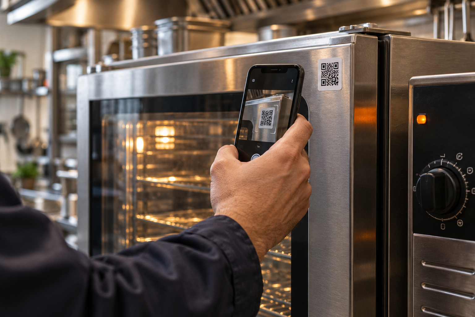 Foto illustrativa generata con AI: un tecnico inquadra il codice applicato a un forno professionale.